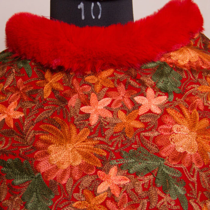 Redish Maroon Aari Embroidery Poncho with fur - Image 2