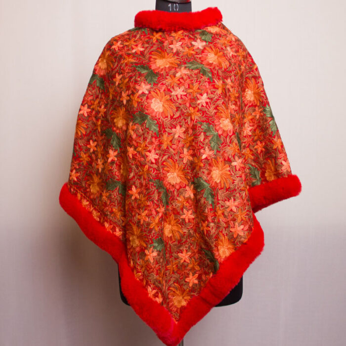 Redish Maroon Aari Embroidery Poncho with fur