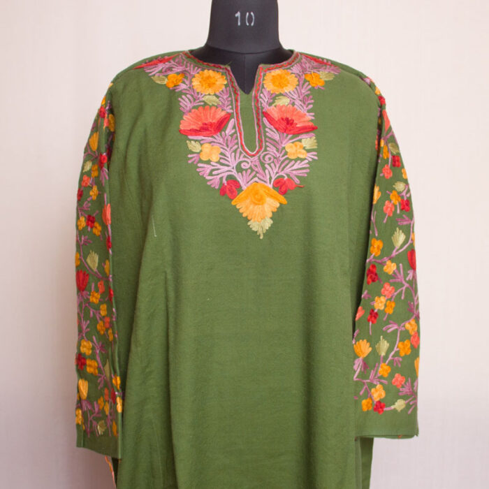 Green Raffal Pheran with Aari Work on Arms Aswell