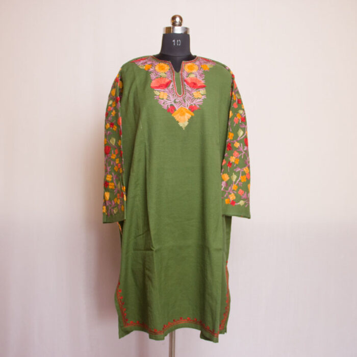 Green Raffal Pheran with Aari Work on Arms Aswell - Image 2
