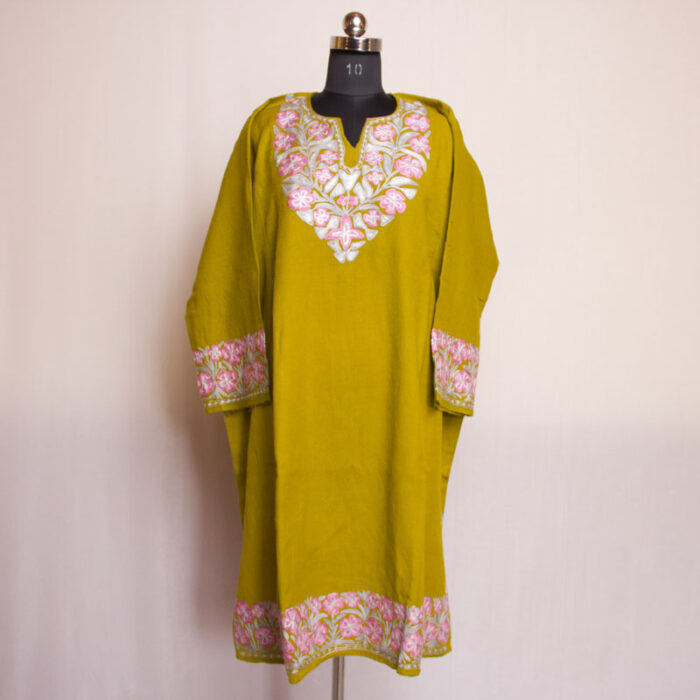 Mehndi Green Aari Zari Raffal Pheran - Image 2