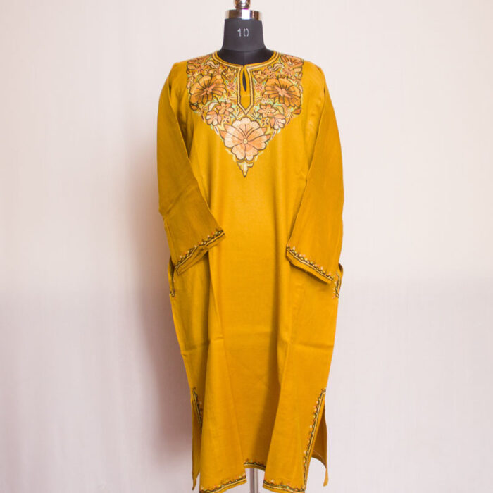 Light Mustard Raffal Paper Mache Handwork Aari Pheran - Image 2