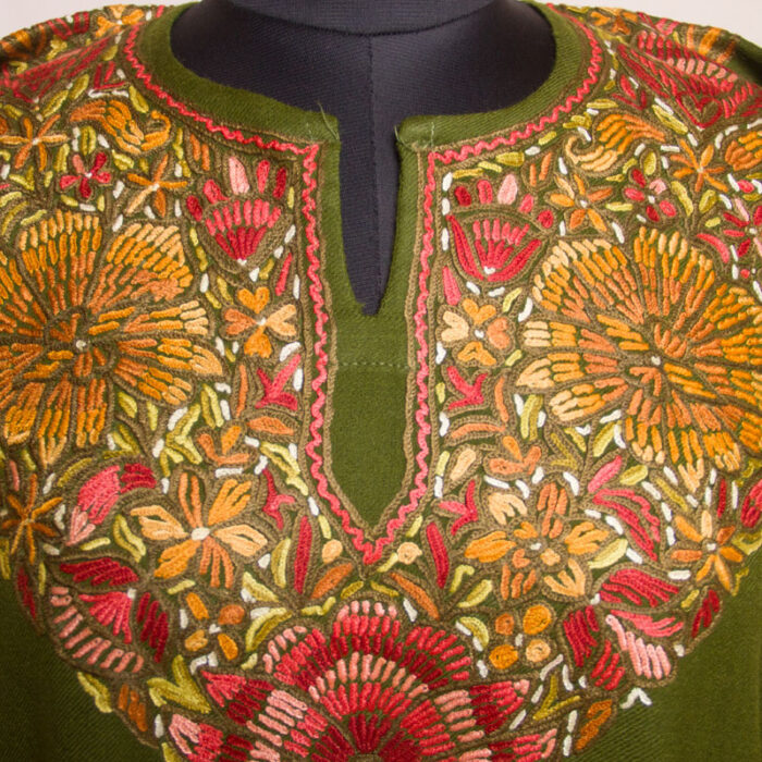 Mehndi Green Raffal Paper Mache Handwork Designer Kashmiri Pheran - Image 3