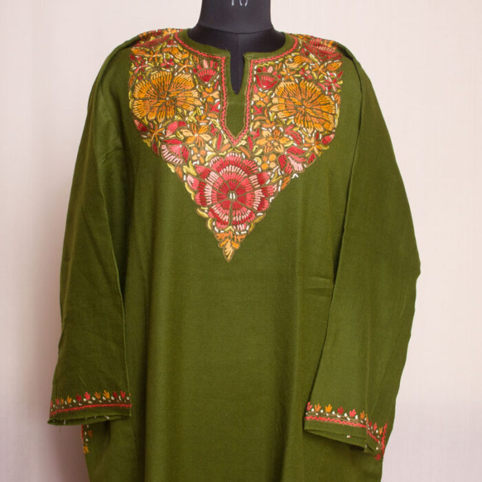 Mehndi Green Raffal Paper Mache Handwork Designer Kashmiri Pheran