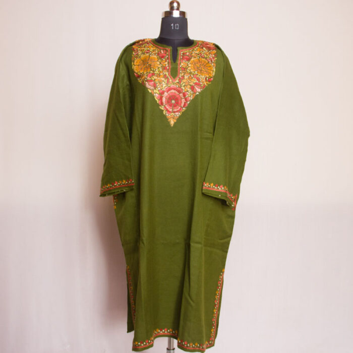 Mehndi Green Raffal Paper Mache Handwork Designer Kashmiri Pheran - Image 2