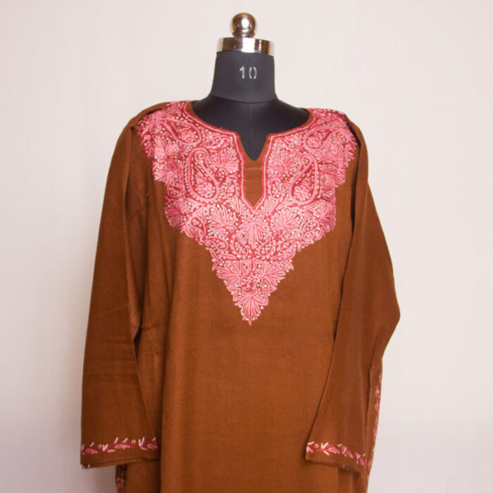 Brown Raffal Handwork Aari Pheran