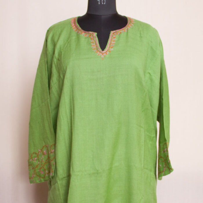 Light Green Hand Sozni Daman Work 56 Count Pheran - Image 2