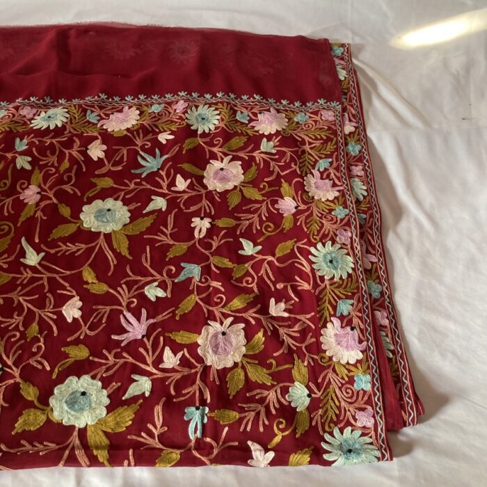 Maroon Georgette Aari Embroidered Saree With Floral Paisely Pattern
