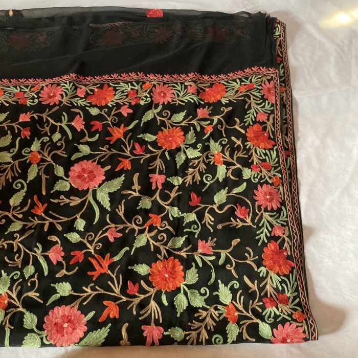Black Georgette Aari Embroidered Saree With Floral Pattern
