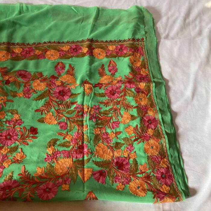 Green Georgette Aari Embroidered Saree With Floral Pattern