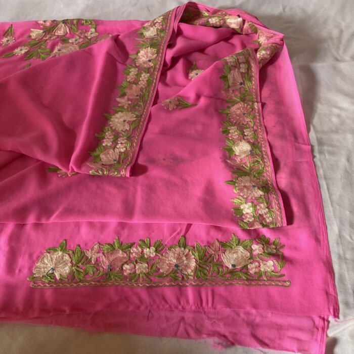 Pink Georgette Aari Embroidered Saree - Image 4