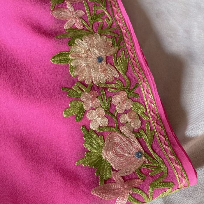 Pink Georgette Aari Embroidered Saree - Image 2