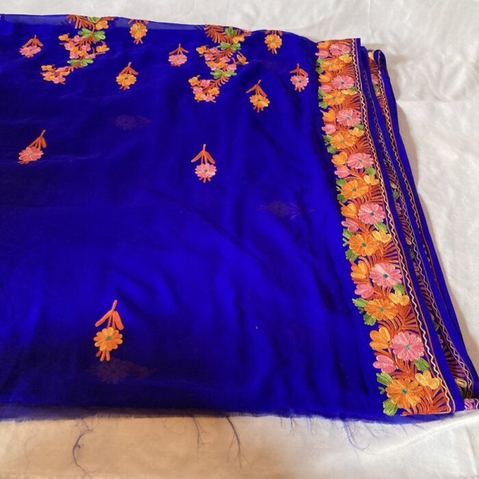 Dark Blue Georgette Aari Embroidered Saree - Image 2