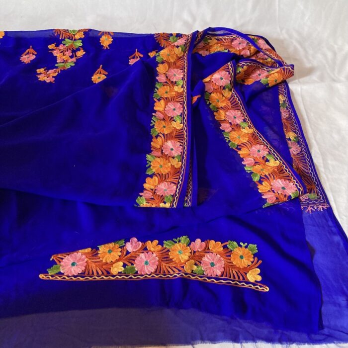 Dark Blue Georgette Aari Embroidered Saree - Image 3