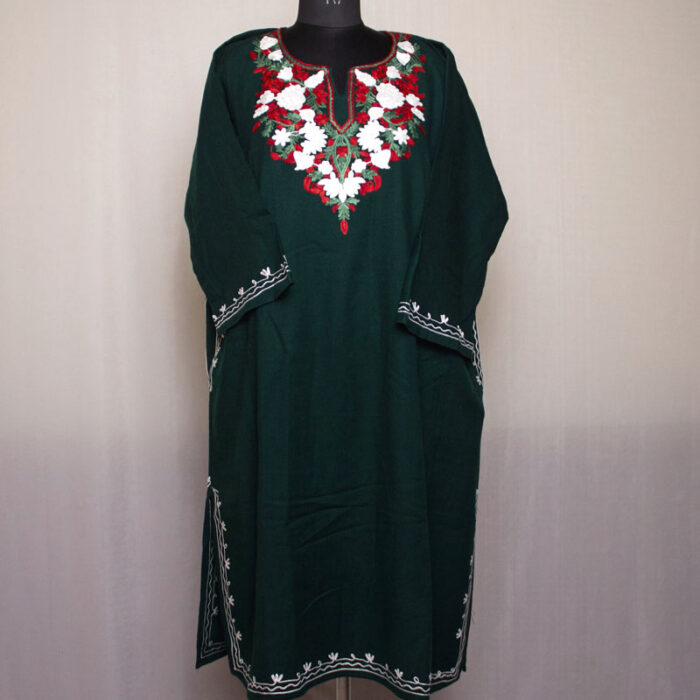 Dark Green Floral Fine Aari Cashmilon Pheran - Image 2