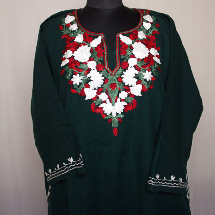 Dark Green Floral Fine Aari Cashmilon Pheran