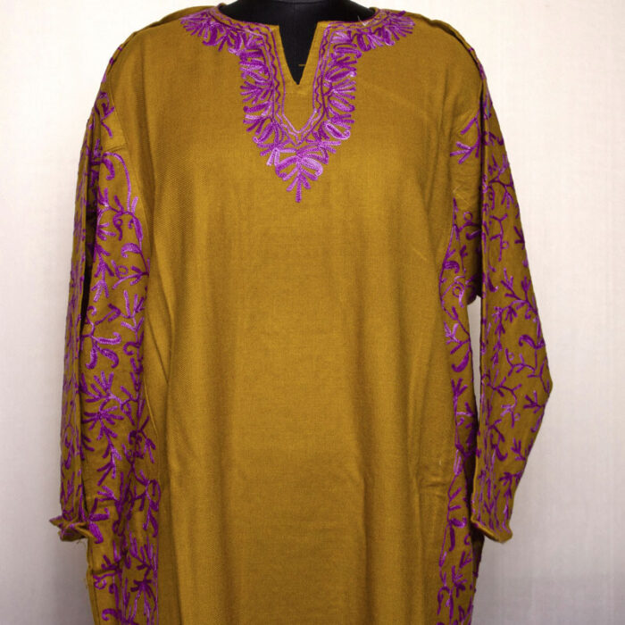 Mustard Side Panel Fine Aari Cashmilon Pheran