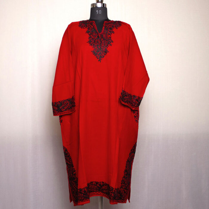 Red Black With Border Aari Cashmilon Pheran - Image 2