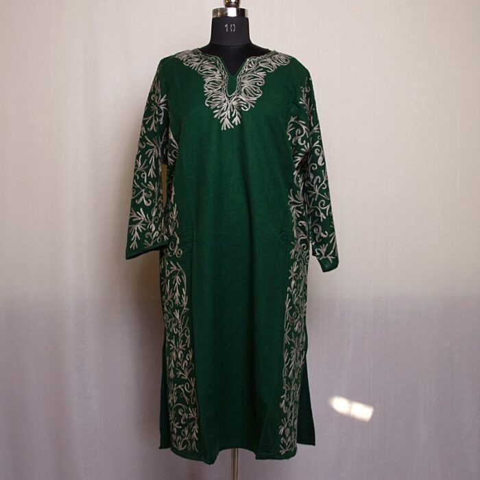 Dark Green Cashmilon Sidepanel Pheran with Beautiful Aari - Image 2