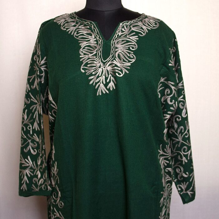 Dark Green Cashmilon Sidepanel Pheran with Beautiful Aari