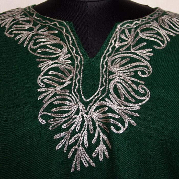 Dark Green Cashmilon Sidepanel Pheran with Beautiful Aari - Image 3