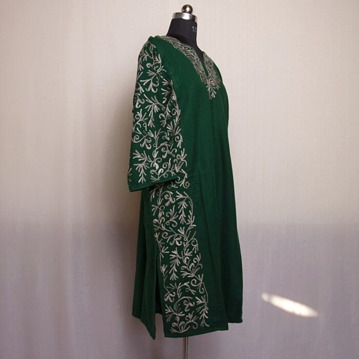 Dark Green Cashmilon Sidepanel Pheran with Beautiful Aari - Image 4