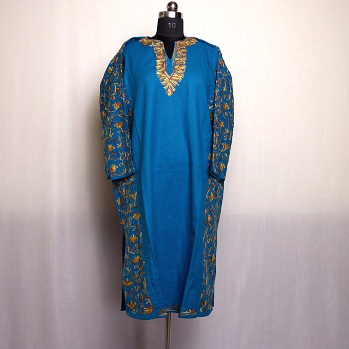 Blue Cashmilon II Sidepanel Pheran with Fine Aari - Image 2