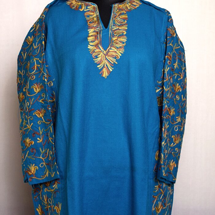 Blue Cashmilon II Sidepanel Pheran with Fine Aari