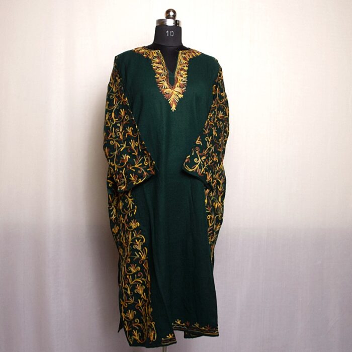 Bottle Green Fine Cashmilon Sidepanel Aari Pheran - Image 2