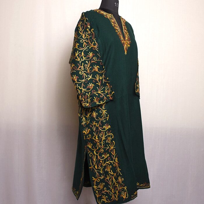 Bottle Green Fine Cashmilon Sidepanel Aari Pheran - Image 3