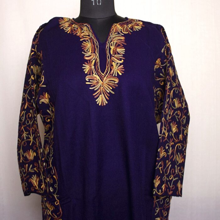 Purple Fine Cashmilon Side Panel Aari Pheran