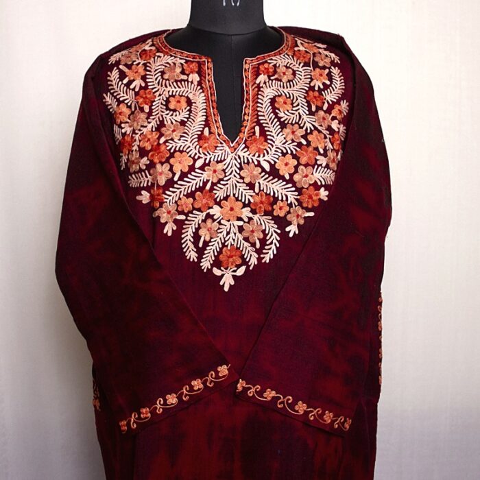 Maroon Polywool Tie-Dye Aari Pheran