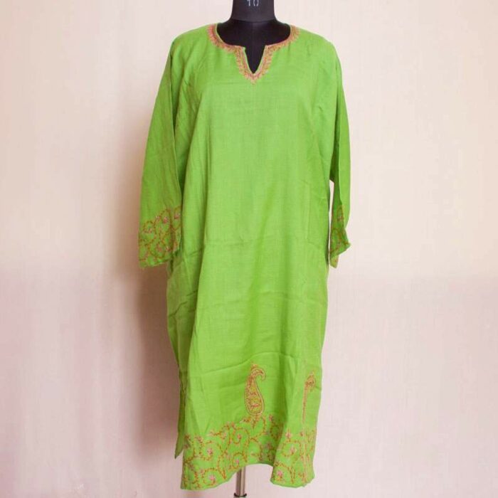 Light Green Hand Sozni Daman Work 56 Count Pheran