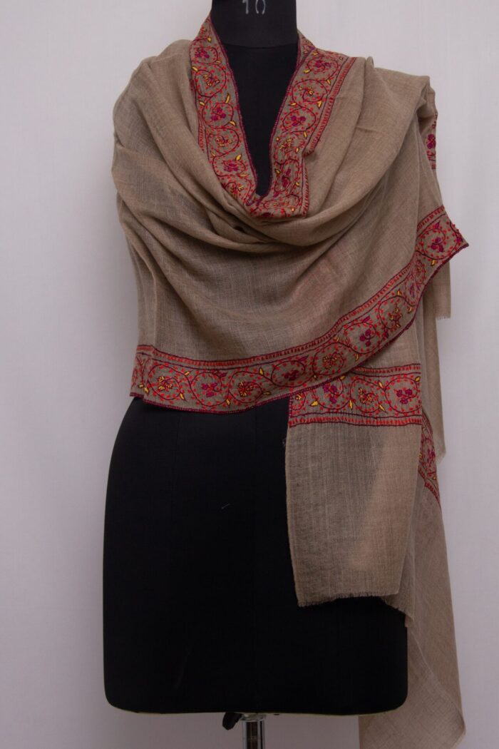 Dark Beige Pashmina Intricate Sozni Work Stole