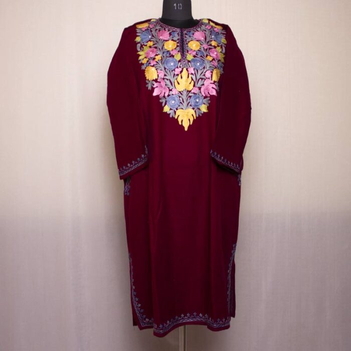 Maroon Wine Cashmilon Aari Pheran - Image 2