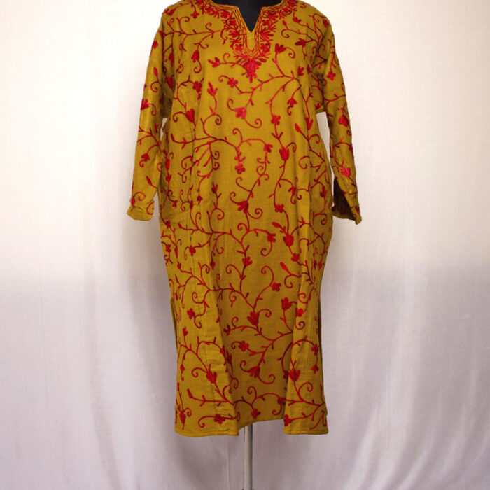 Dark Mustard Aari Jali Cashmilon Pheran - Image 2