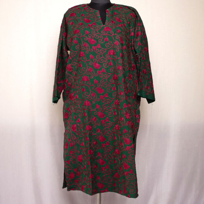 Green with Dark Pink Aari Jali Cashmilon Pheran - Image 2