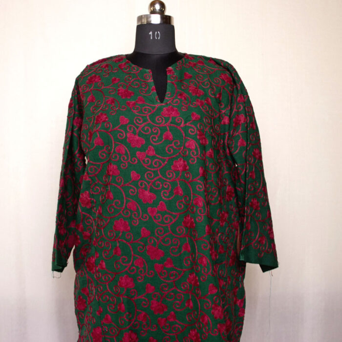 Green with Dark Pink Aari Jali Cashmilon Pheran