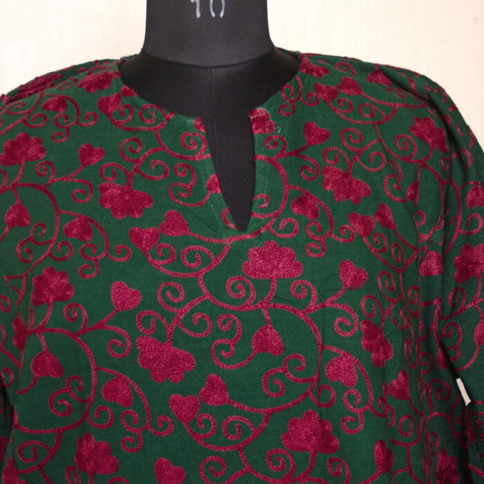Green with Dark Pink Aari Jali Cashmilon Pheran - Image 3