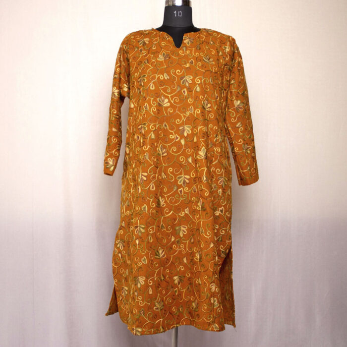 Dark Mustard Aari Jali Cashmilon Pheran - Image 2