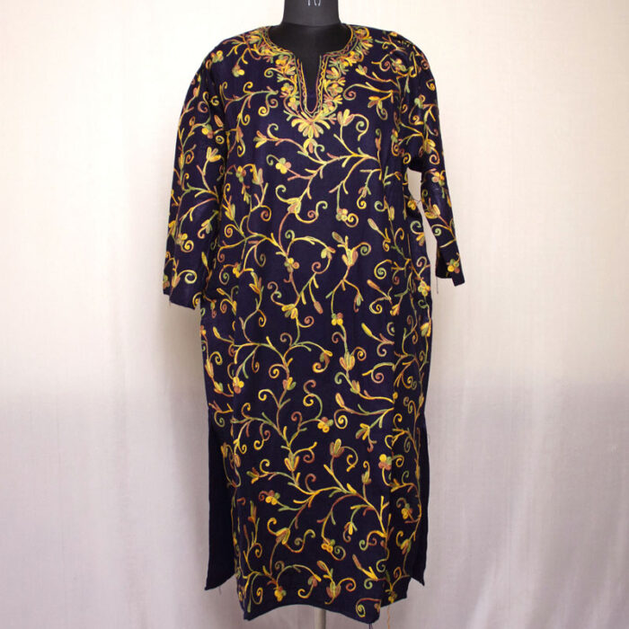Dark Blue 2 Aari Jali Cashmilon Pheran - Image 2