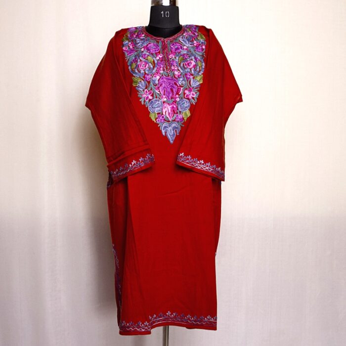 Rust Orange Cashmilon Pheran with Aari Work - Image 2