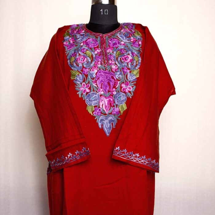 Rust Orange Cashmilon Pheran with Aari Work