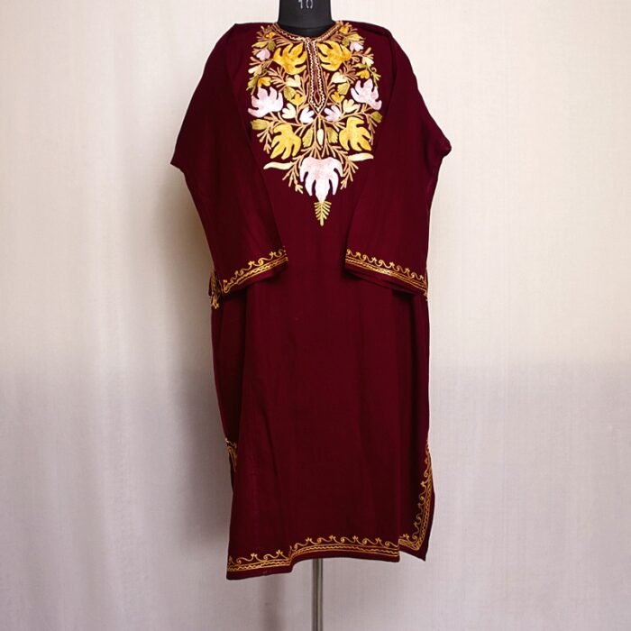 Wine Cashmilon Pheran with Aari Work - Image 2
