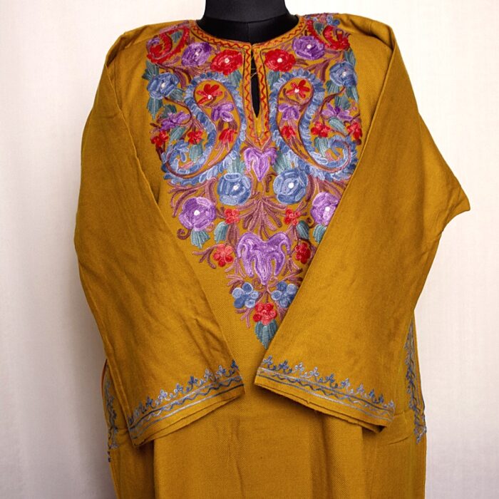 Mustard New Cashmilon Pheran with Aari Work