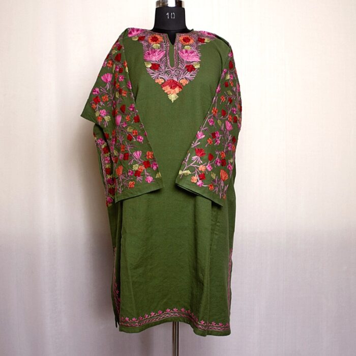 Dark Green Raffal Pheran with Aari Arm Work - Image 2