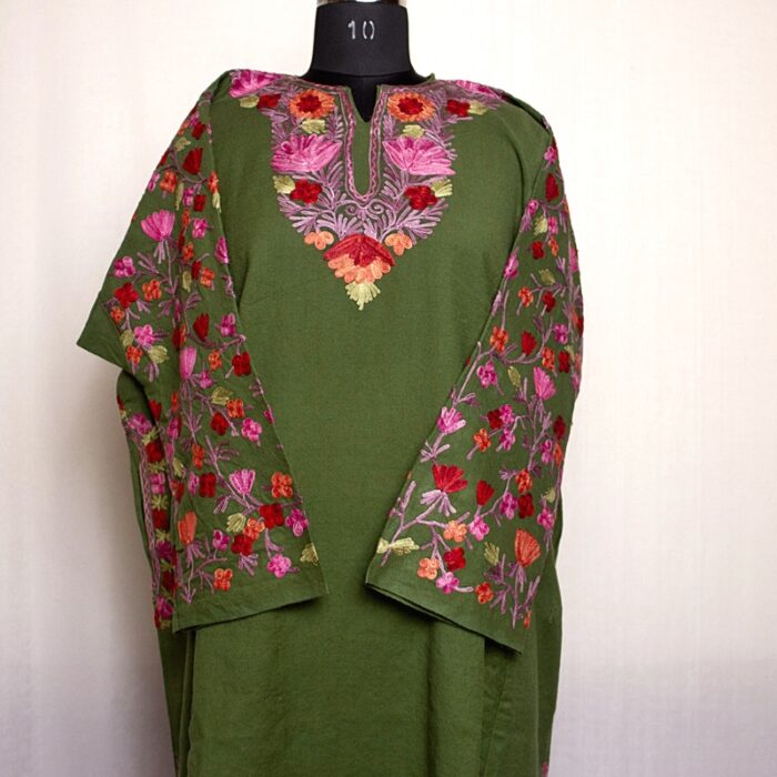 Dark Green Raffal Pheran with Aari Arm Work