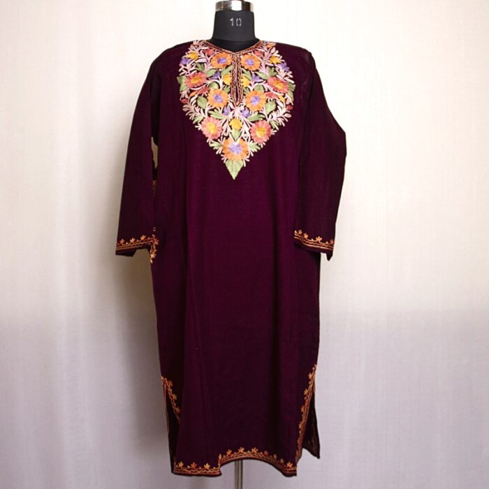 Wine Floral Cashmilon Pheran with Aari Work - Image 2