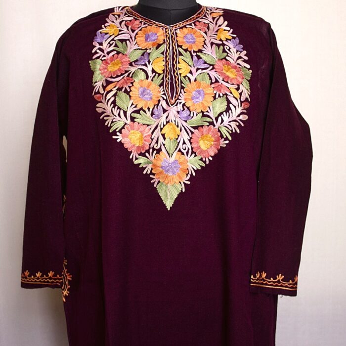 Wine Floral Cashmilon Pheran with Aari Work