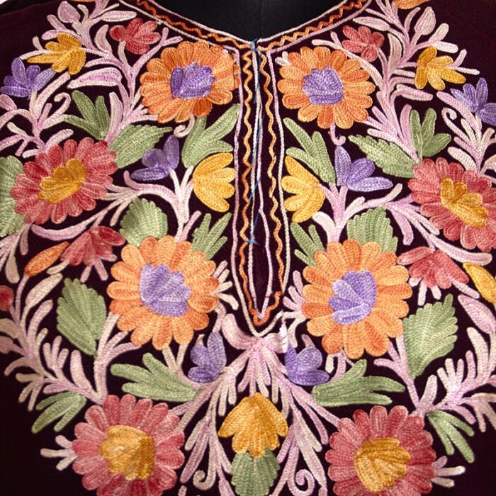 Wine Floral Cashmilon Pheran with Aari Work - Image 3